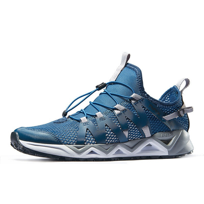 Blue athletic shoe with white sole on a white background