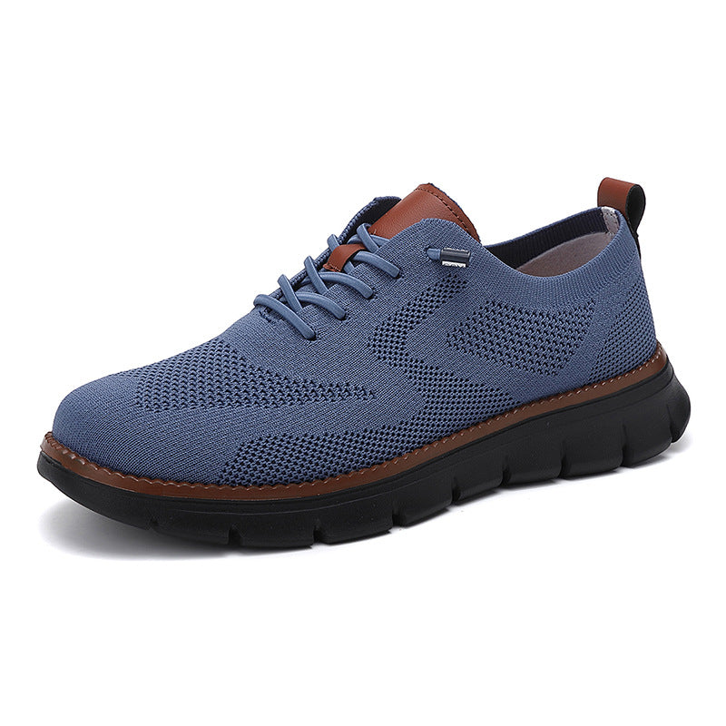 Blue sneaker with brown accents on a white background