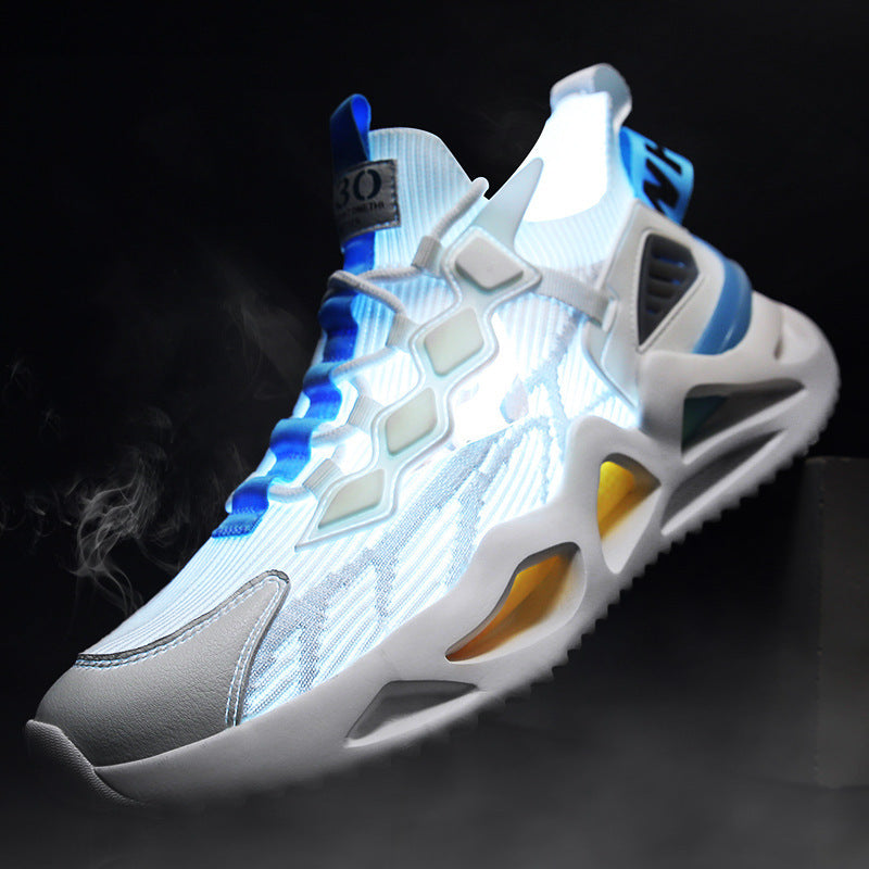 White and blue sneaker with glowing effect on a dark background