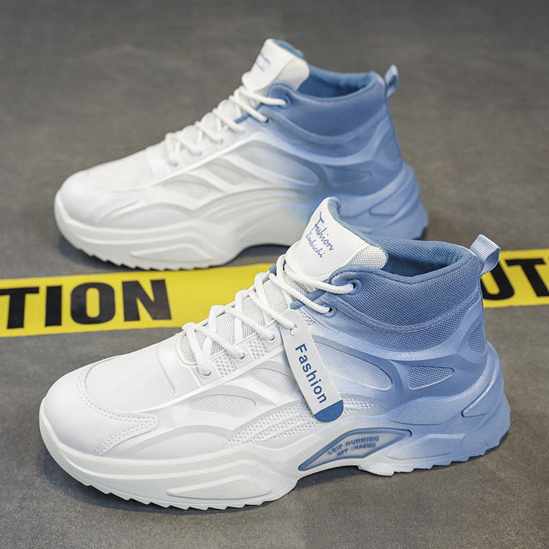 White and blue sneakers on a gray surface with a caution tape background