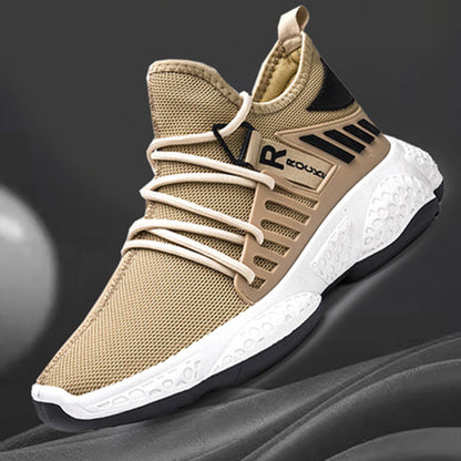 Beige sneaker with white sole on a dark background
