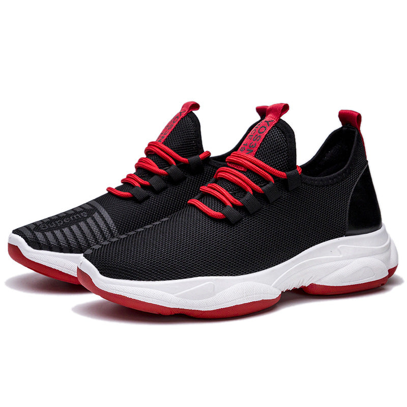 Black and red running shoes with white soles on a white background