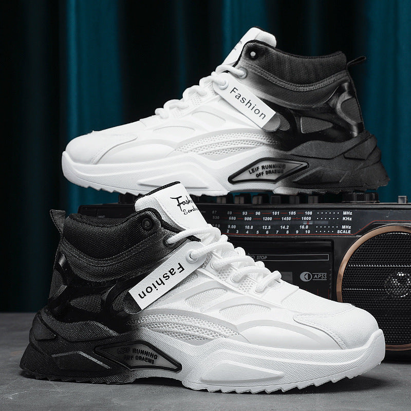 Black and white sneakers with 'Fashion' label on a dark background
