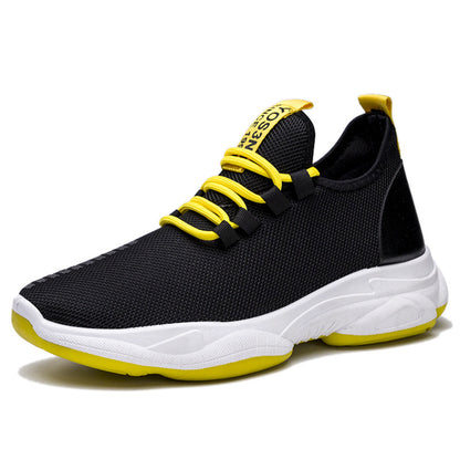Black and yellow sneaker with white sole on a white background