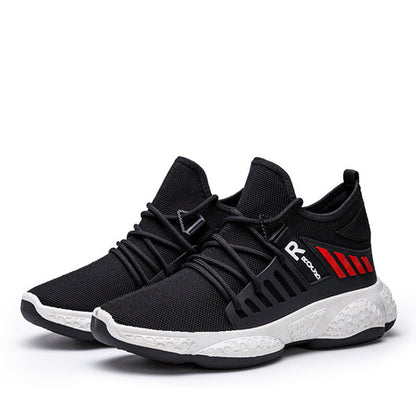 Black athletic shoes with white soles on a white background