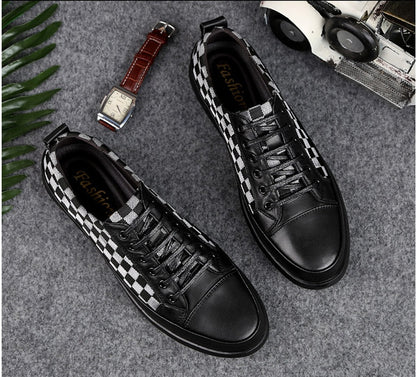 Black checkered sneakers on a textured surface with a watch and vintage radio in the background.