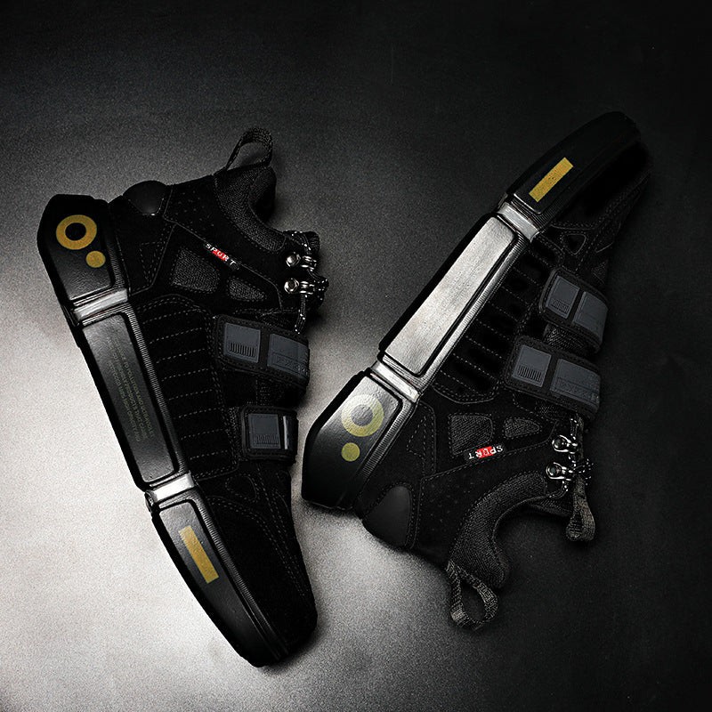 Black high-top sneakers with metallic accents on a dark background