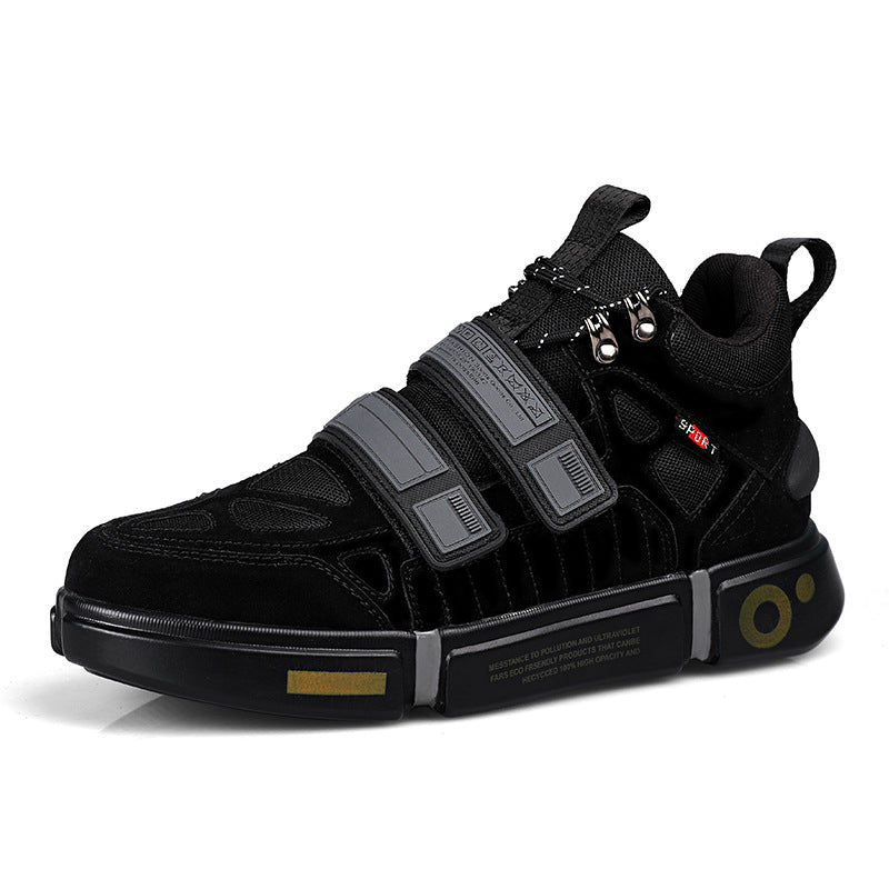 Black sneakers with unique design on a white background