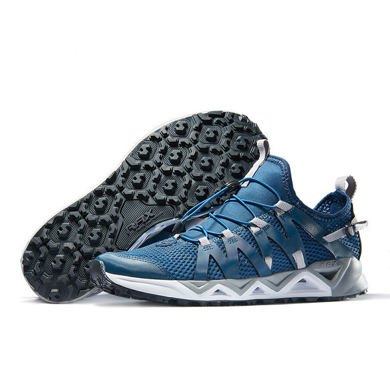 Blue athletic shoe with black sole on a white background