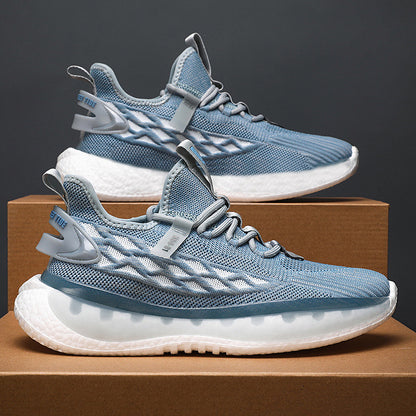 Blue athletic shoes with white soles on a brown box against a dark background