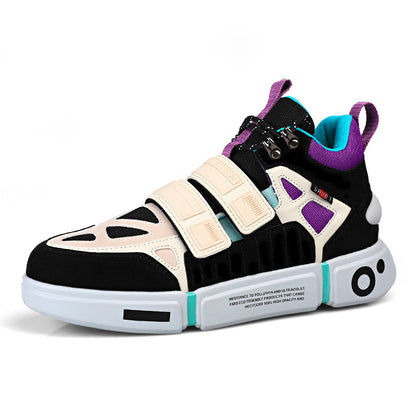 Colorful sneaker with black, white, purple, and teal accents on a white background