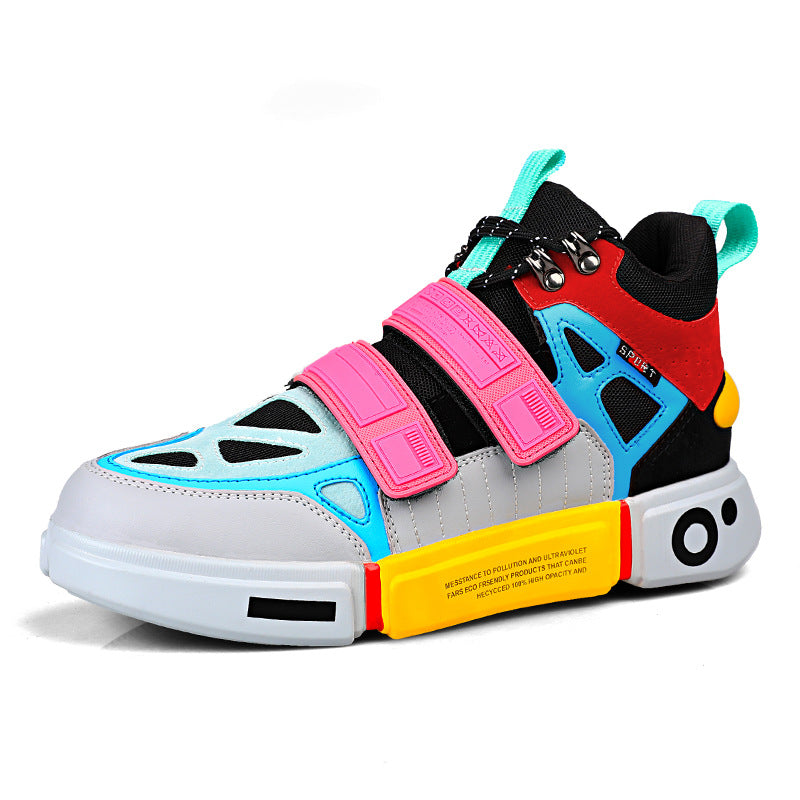 Colorful sneaker with pink strap and yellow sole on a white background