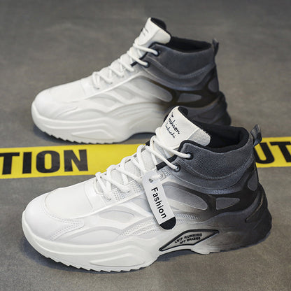 Gray and white sneakers with a visible brand tag on a gray background