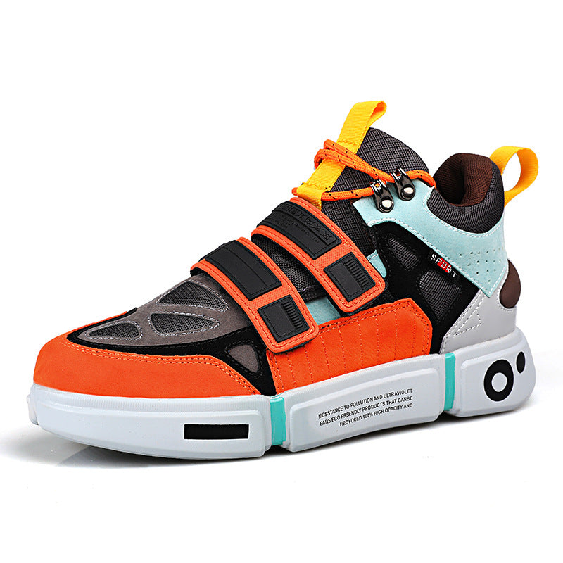 Multicolored sneaker with orange, black, and white design on a white background