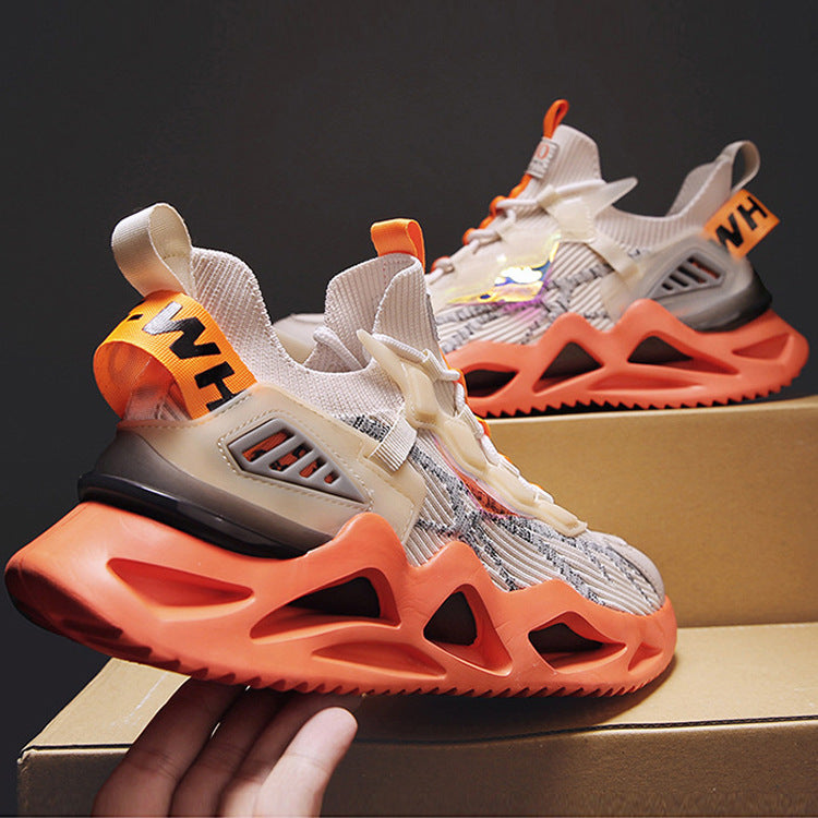 Orange and beige sneakers with 'NH' branding on a dark background