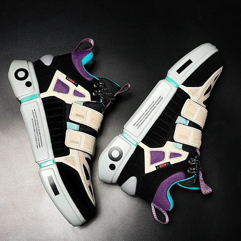 Pair of futuristic sneakers with black, white, and purple design on a dark background