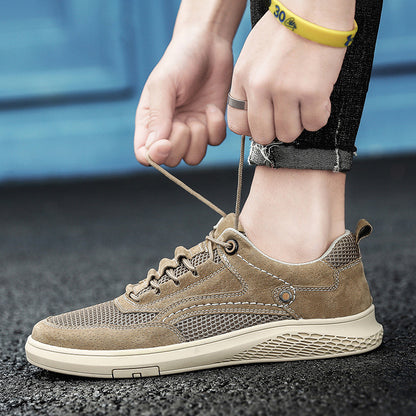 Person tying the laces of a brown sneaker on a blurred background