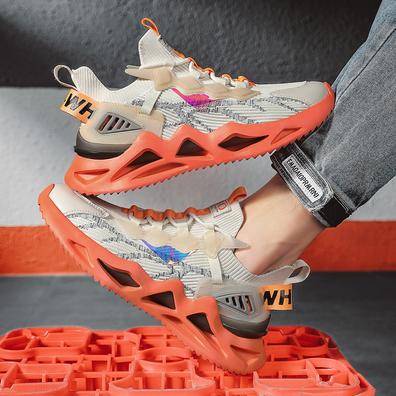 Stack of orange and gray sneakers with visible brand logos on a textured surface.