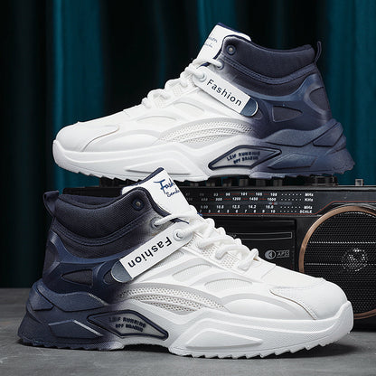 White and black high-top sneakers with 'Fashion' label on a dark background