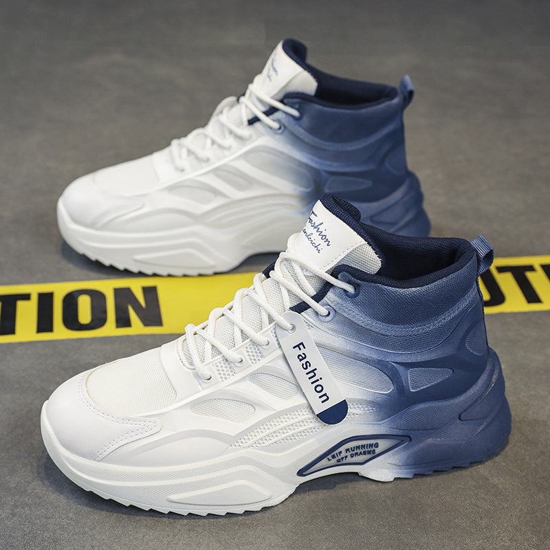 White and blue high-top sneakers on a gray surface with 'Fashion' tag.