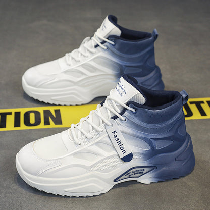 White and blue high-top sneakers on a gray surface with 'Fashion' tag.