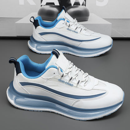White and blue sneakers with 'GUO CHAO' branding on a gray background