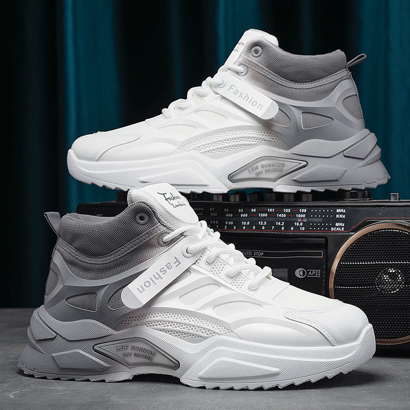 White and gray sneakers with 'Fashion' label on a dark background