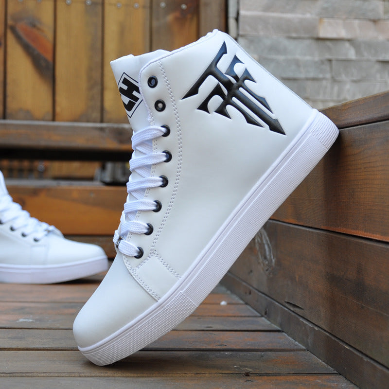 White high-top sneakers with black logo on a wooden surface