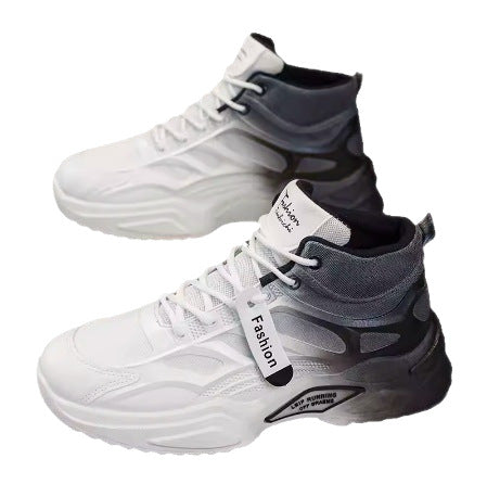 White high-top sneakers with gray soles on a white background