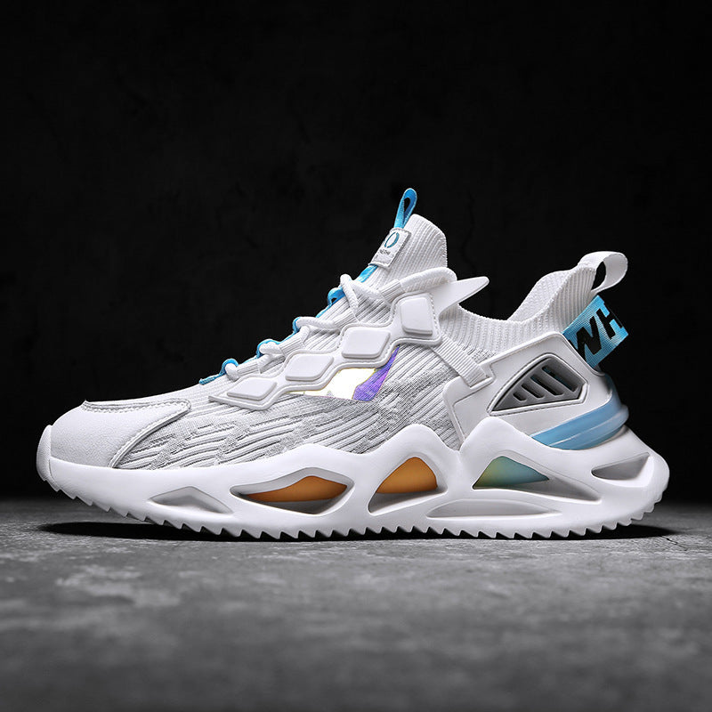 White sneaker with blue accents on a dark background