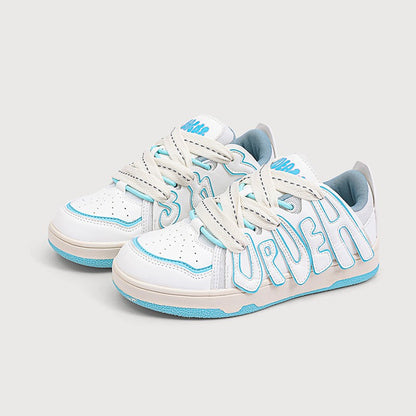 White sneakers with blue accents on a light gray background